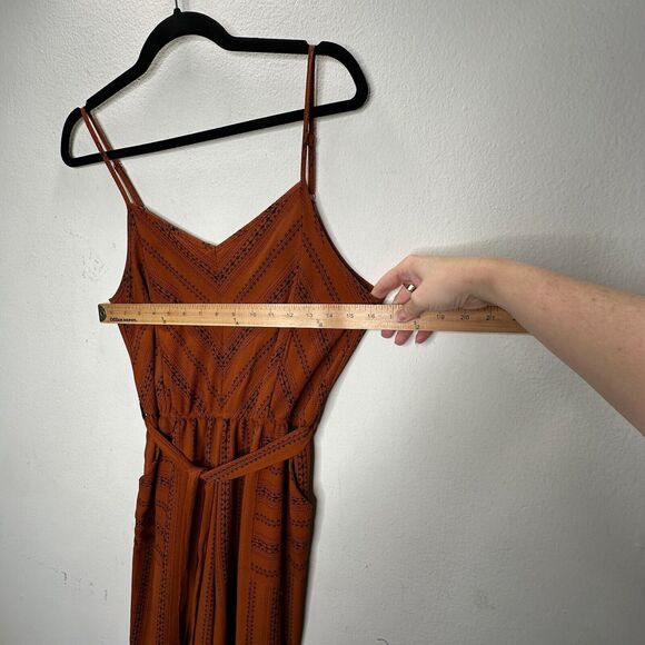 E & M Rust & Black Aztec Print V-Neck Spaghetti Strap Pockets Tie Waist Jumpsuit - Picture 13 of 16